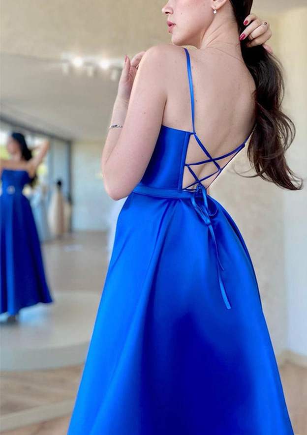 A-line Square Spaghetti Straps Satin Ankle-Length Prom Dresses with Sl 27dress A-line Square Spaghetti Straps Satin Ankle-Length Prom Dresses with Sl 27dress