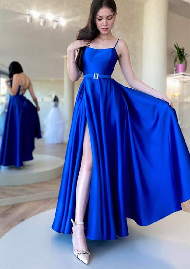 Ankle-Length Satin Prom Dress with A-line Square Neckline and Spaghetti Straps Waistband-27dress