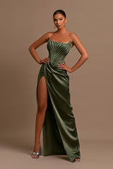 Attractive Green Sleeveless Pleated Mermaid Prom Dress With Split