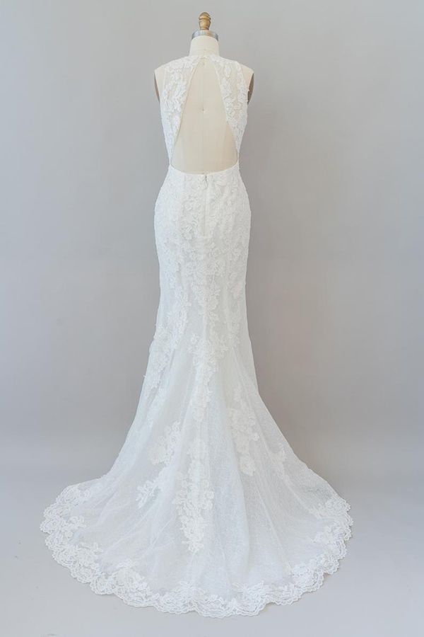 Elegant Mermaid Jewel Lace Tulle Backless Long Sleeveless Wedding Dres ...