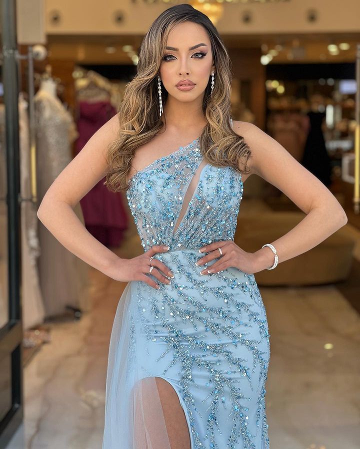Baby Blue One Shoulder Mermaid Prom Dress With Front Split Sequins