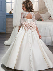 Ball Gown Lace Satin Sweep Brush Train Wedding Birthday Pageant Flower Girl Dresses with Sleeves-27dress