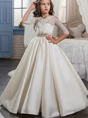 Ball Gown Lace Satin Sweep Brush Train Wedding Birthday Pageant Flower Girl Dresses with Sleeves-27dress