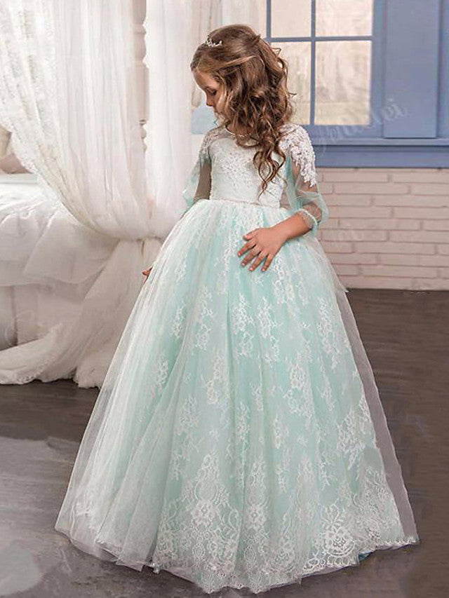 Ball Gown Lace Tulle Sweep Brush Train Wedding Party Flower Girl Dresses with Sleeves-27dress