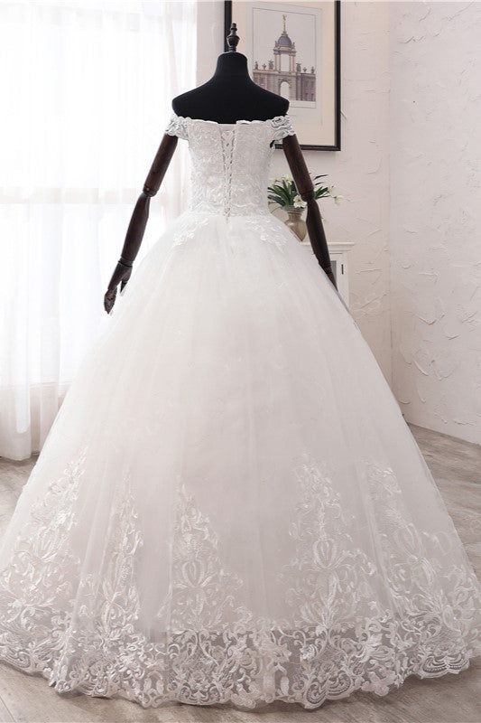 Ball Gown Off-the-Shoulder Lace Appliques Wedding Dresses White Tulle Sleeveless Bridal Gowns-27dress