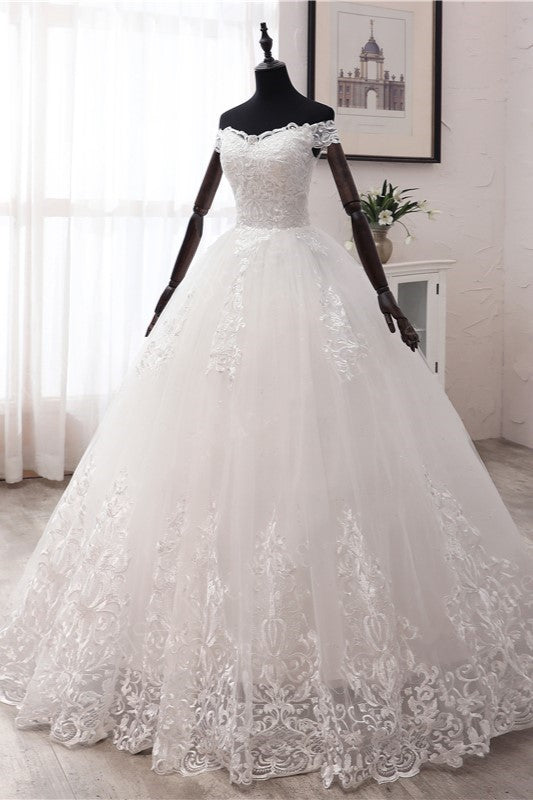 Ball Gown Off-the-Shoulder Lace Appliques Wedding Dresses White Tulle Sleeveless Bridal Gowns-27dress