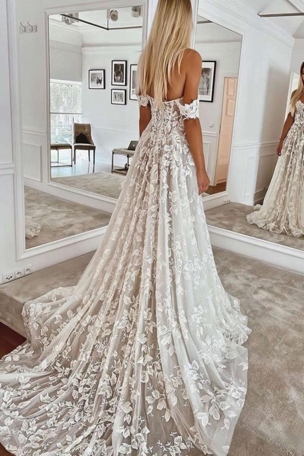 off the shoulder wedding dress backless ball gowns Luxury Wedding Dresses Off the Shoulder Applique Backless Lace Bridal Ball Gowns