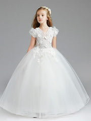 Ball Gown Tulle Short Sleeve V Neck Wedding Party Flower Girl Dresses-27dress