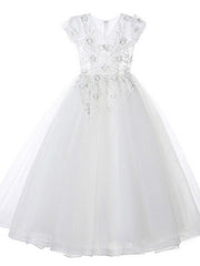 Ball Gown Tulle Short Sleeve V Neck Wedding Party Flower Girl Dresses-27dress