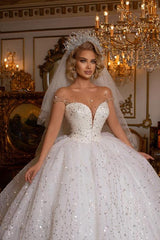 Ball Gown Wedding Dress Sheer Top With Crystal Beads-27dress