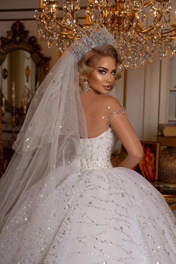 Ball Gown Wedding Dress Sheer Top With Crystal Beads-27dress
