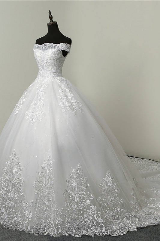 Ball Gown White Tulle Sleeveless Wedding Dresses Off-the-Shoulder Lace Appliques Bridal Gowns-27dress
