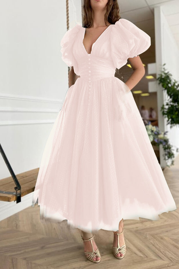 Dark Green V-Neck Short Sleeve A-Line Evening Dress On Sale