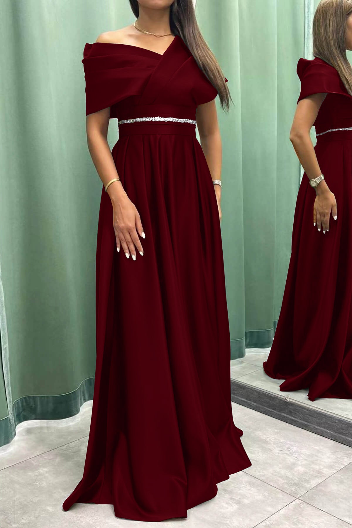 Elegant Off-the-Shoulder Long Pleated Evening Dress On Sale