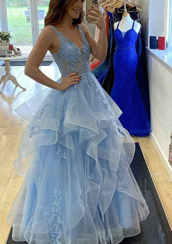 Load image into Gallery viewer, Beaded A-line V Neck Sleeveless Lace Tulle Long Prom Dress-27dress
