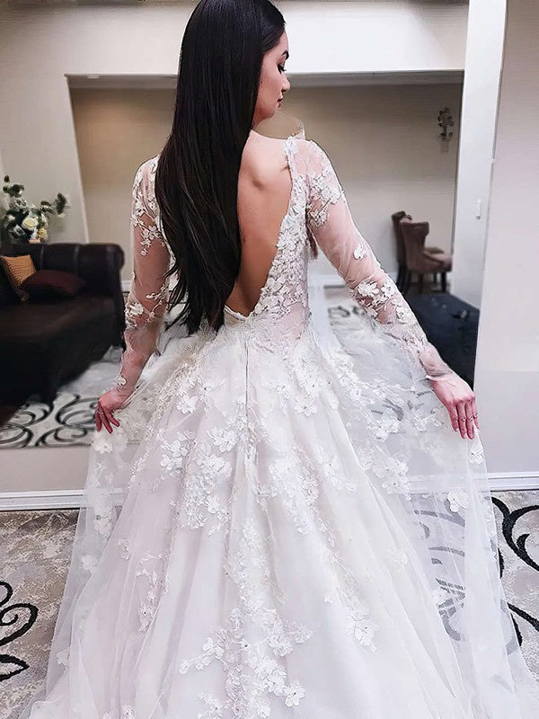 Beaded Tulle V-neck Floor-length Ball Gown Wedding Dress