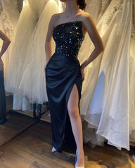 Beautiful Black Prom Dress Sequins Sleeveless Strapless With High Slit