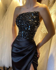 Beautiful Black Prom Dress Sequins Sleeveless Strapless With High Slit