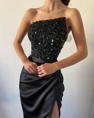 Beautiful Black Prom Dress Sequins Sleeveless Strapless With High Slit