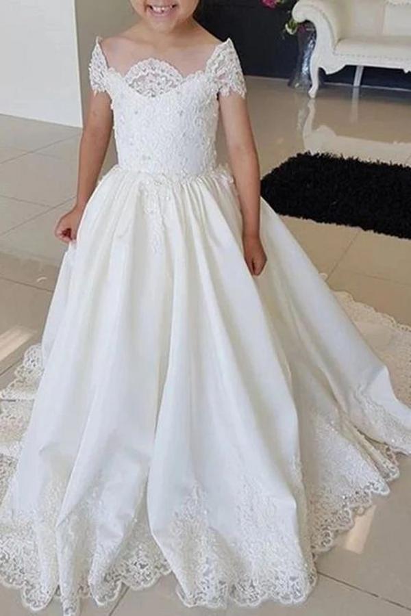 Load image into Gallery viewer, Beautiful Long A-line Satin Lace Flower Girl Dress with Beads-27dress
