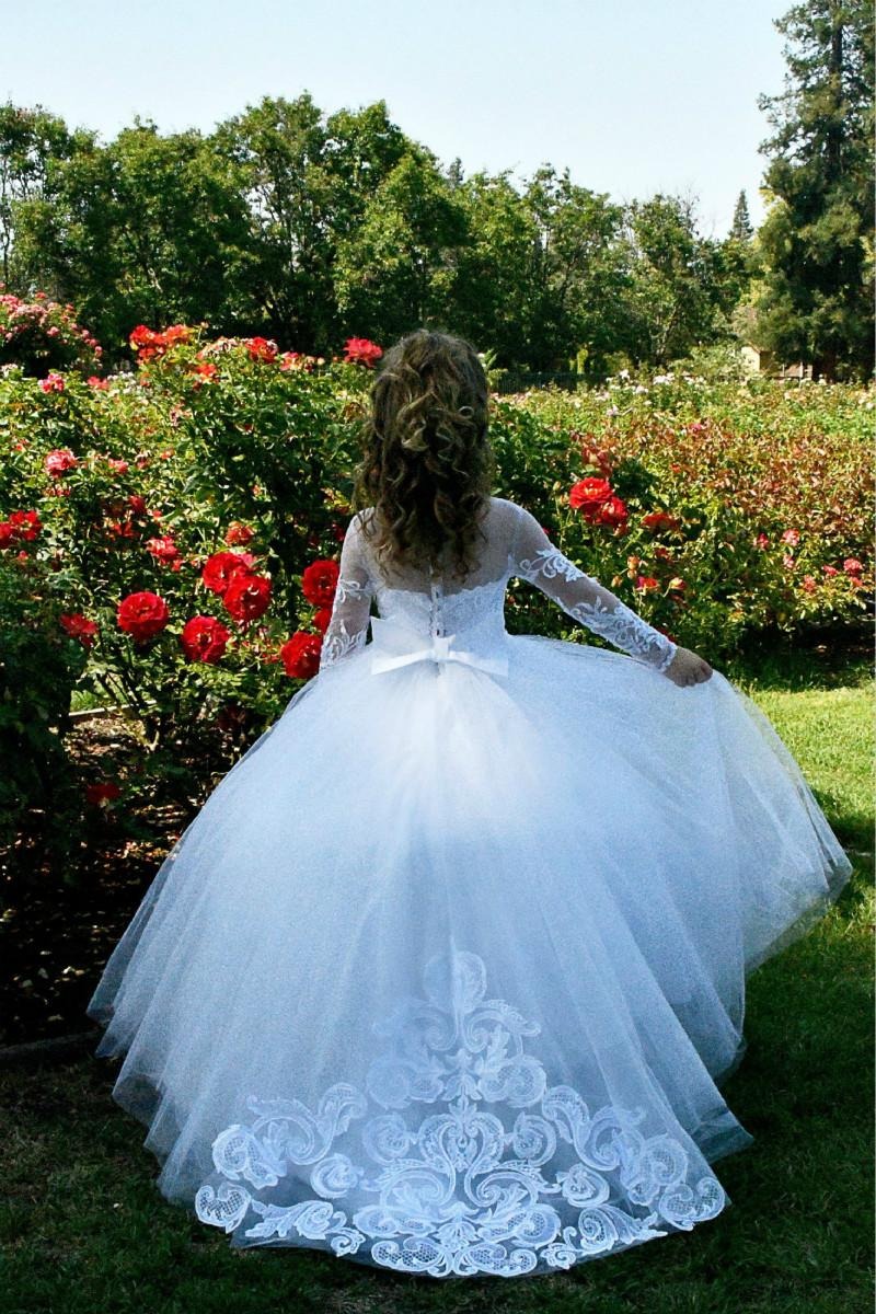 Beautiful Long A-line Tulle Lace Beaded Flower Girl Dresses With Sleeves-27dress