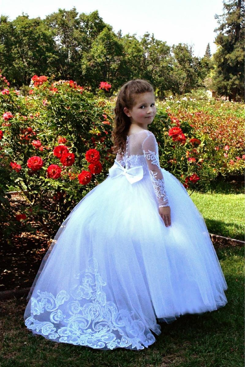 Beautiful Long A-line Tulle Lace Beaded Flower Girl Dresses With Sleeves-27dress