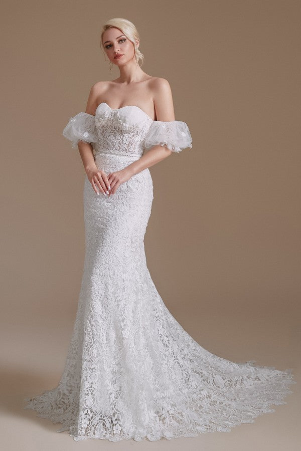 Beautiful Long Mermaid Sweetheart Lace Wedding Dresses with Detachable Sleeves-27dress