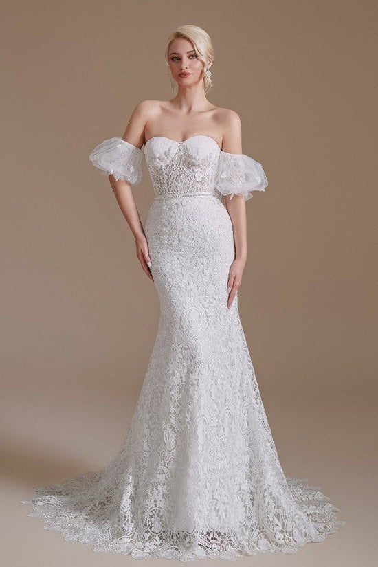 Beautiful Long Mermaid Sweetheart Lace Wedding Dresses with Detachable Sleeves-27dress
