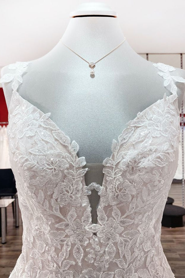 Beautiful Sleeveless Tulle Lace V Neck Ruffles A-Line Wedding Dresses Long-27dress