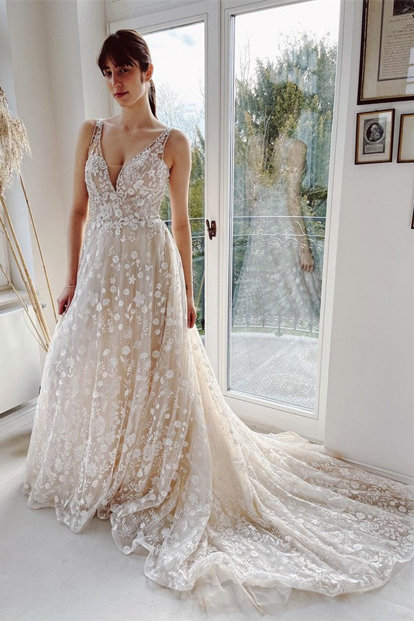 Beautiful V-Neck Wedding Dress Lace Sleeveless Online-27dress