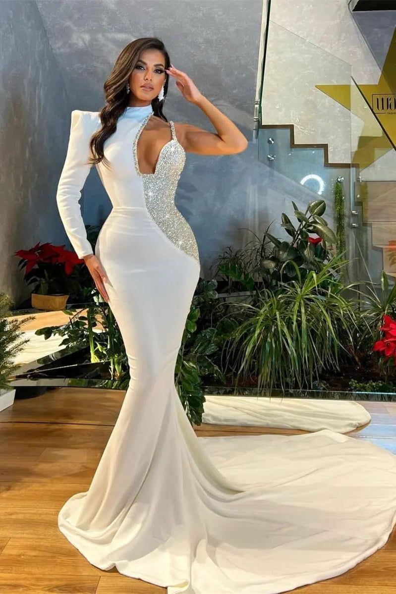 Beautiful White One Shoulder Long Sleeve Prom Dress Cut Out Mermaid