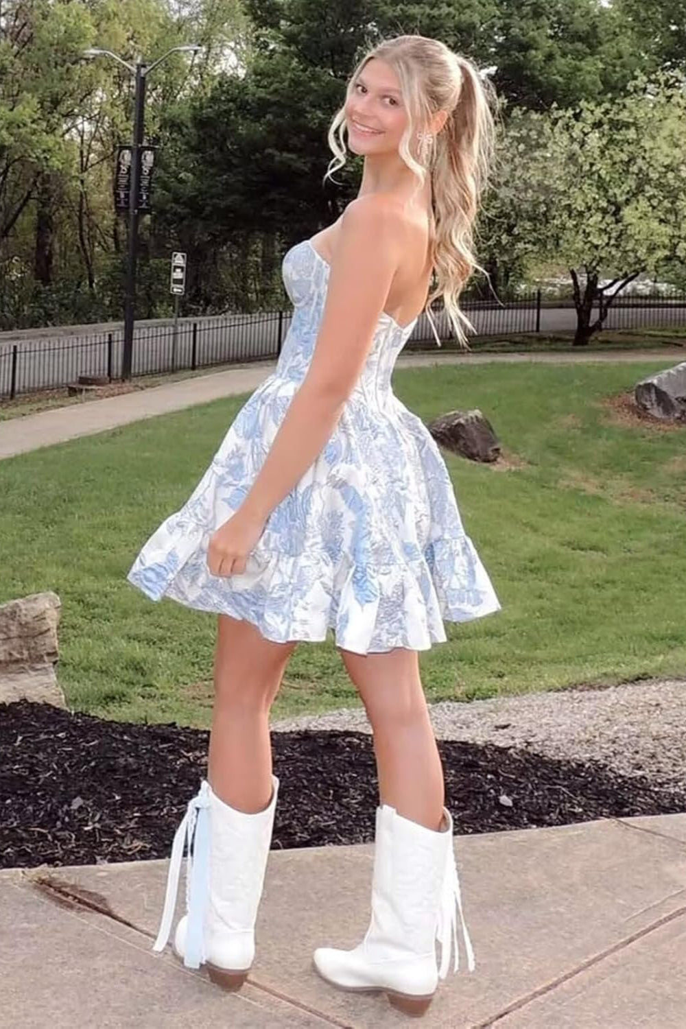 27dress Floral Homecoming Dresses strapless blue and white floral fit and flare short dress with white cowboy boots