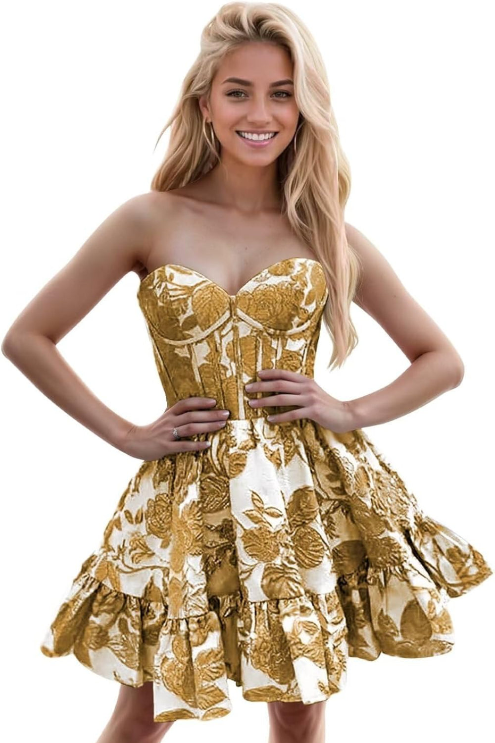 27dress strapless gold floral brocade short party gown with sweetheart bodice and ruffled skirt, Floral Homecoming Dresses