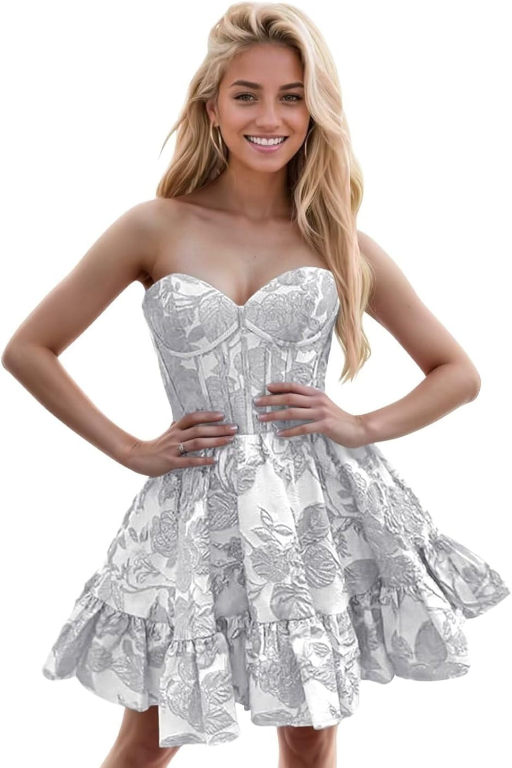 27dress white strapless sweetheart fit and flare mini dress with floral jacquard for parties Floral Homecoming Dresses