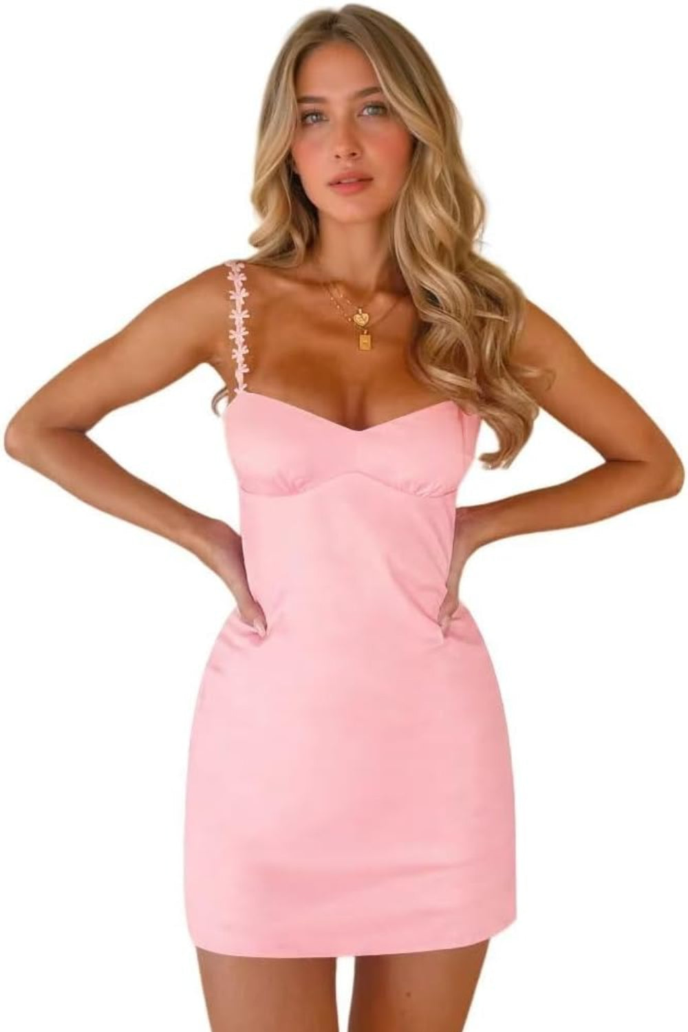 27dress pink satin mini dress with floral shoulder strap and fitted silhouette for Satin Homecoming Dresses