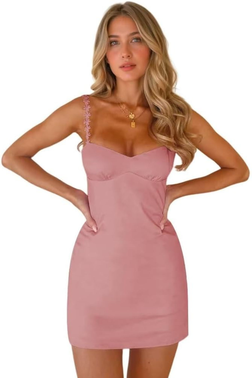 27dress pink satin mini dress with sweetheart neckline and lace straps fitted silhouette on model Satin Homecoming Dresses