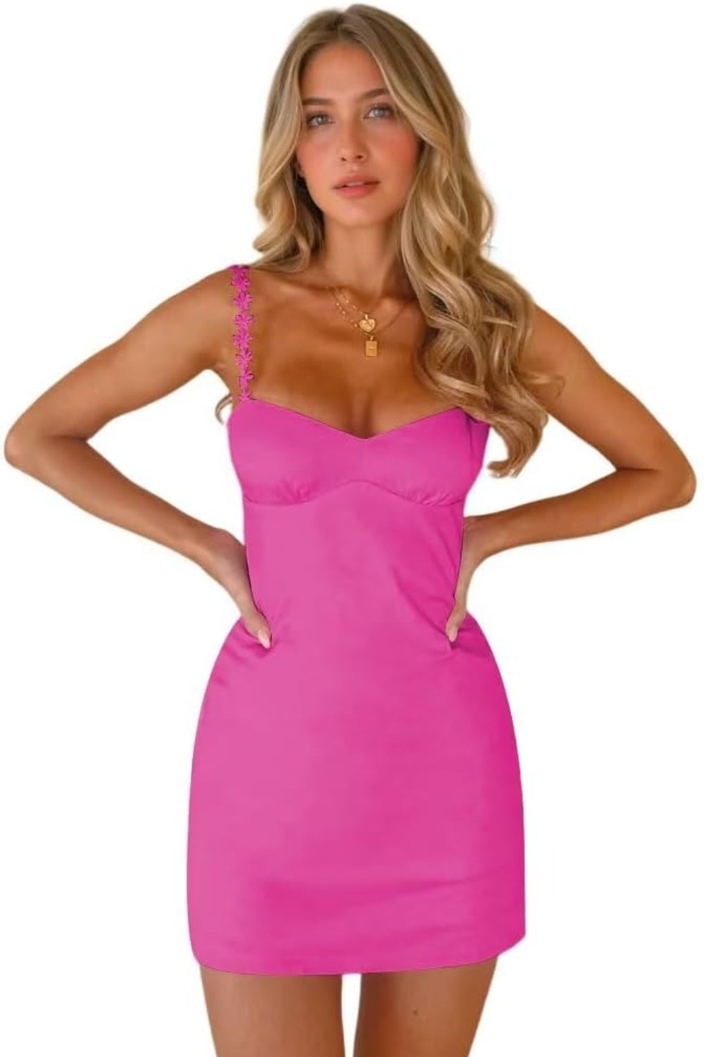 27dress Satin Homecoming Dresses pink satin mini dress with sweetheart neckline and floral strap