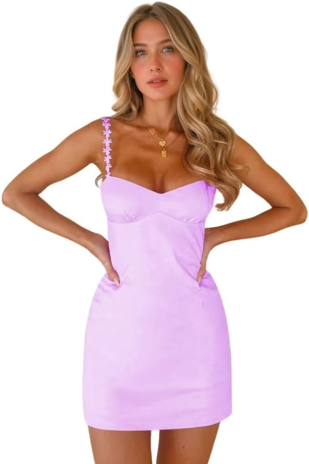 Satin Homecoming Dresses lilac satin mini dress with sweetheart neckline and floral embellished strap