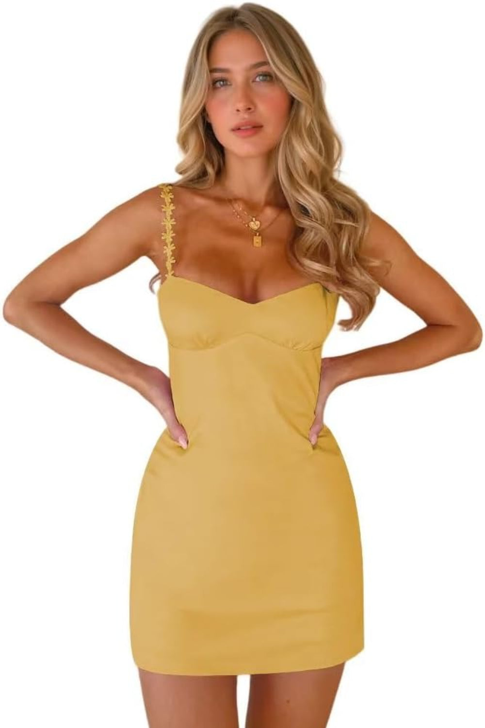 Satin Homecoming Dresses 27dress yellow satin mini dress with floral strap details and fitted sweetheart neckline