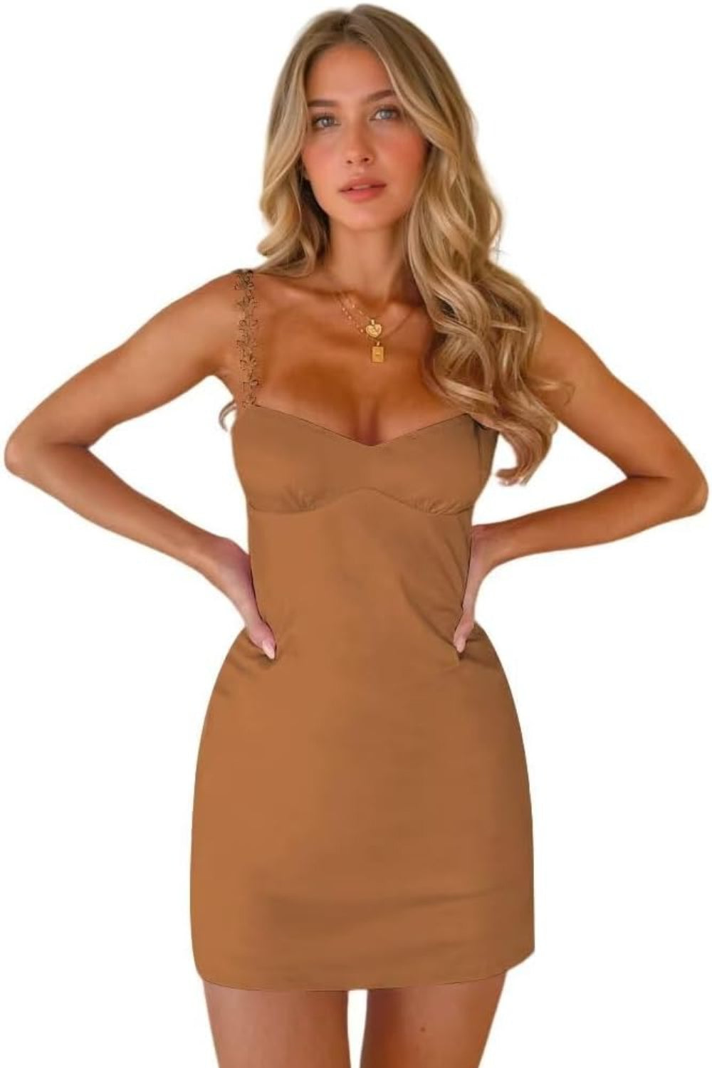 27dress model wearing a caramel satin mini with sweetheart neckline and beaded straps Satin Homecoming Dresses