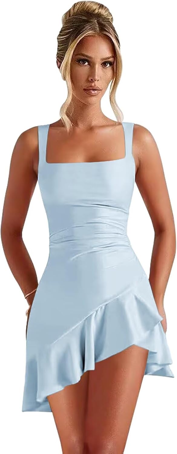 27dress light blue satin mini dress with square neckline ruched waist asymmetrical ruffle hem Short Homecoming Dresses