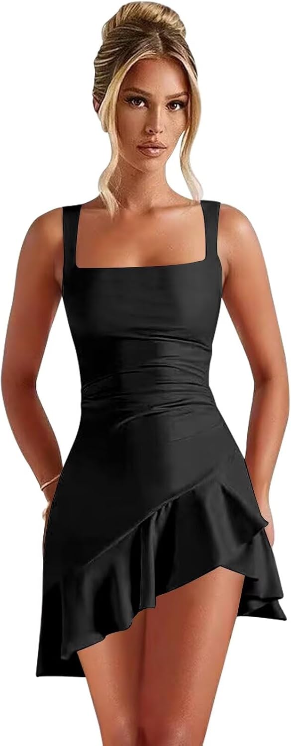 27dress black satin short sleeveless square neck dress with ruched waist and asymmetrical ruffle hem Short Homecoming Dresses
