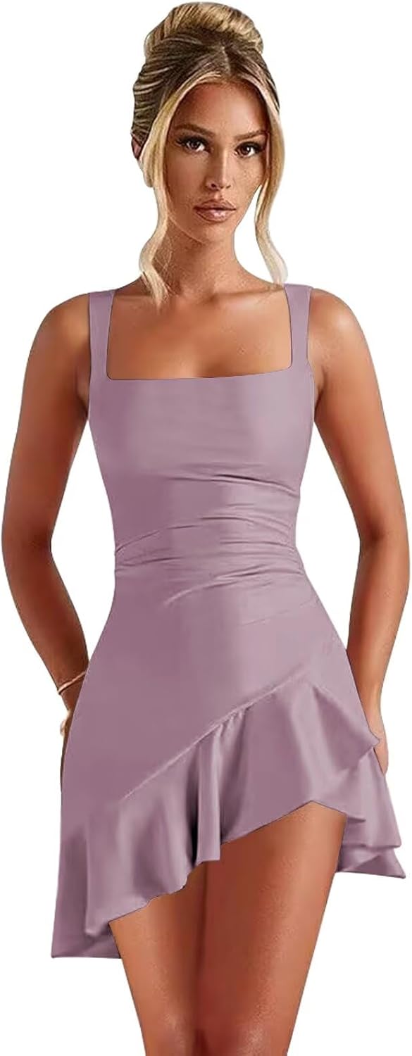 27dress Short Homecoming Dresses lilac satin square neck sleeveless ruched waist asymmetrical ruffle hem