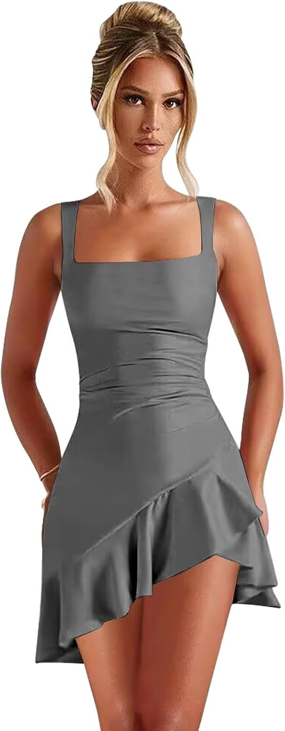 27dress gray sleeveless short homecoming dress with square neckline ruched waist asymmetrical ruffle hem Short Homecoming Dresses