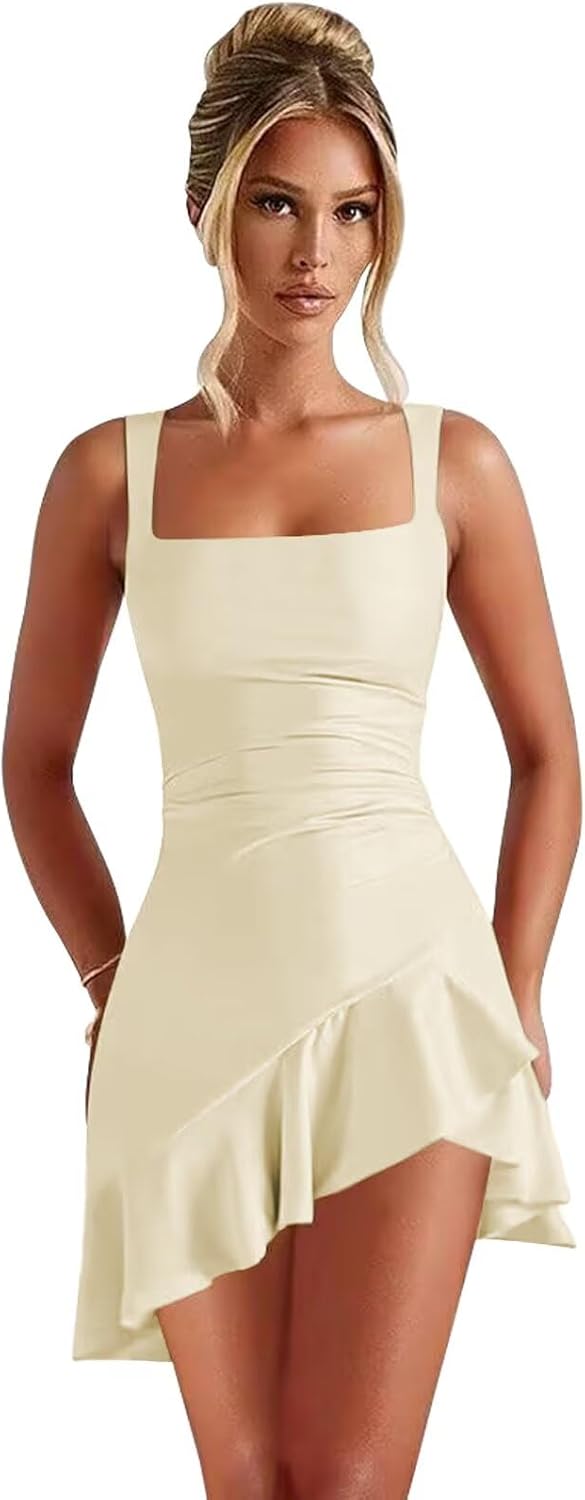 Short Homecoming Dresses 27dress cream square neck sleeveless ruched waist asymmetric ruffle mini dress
