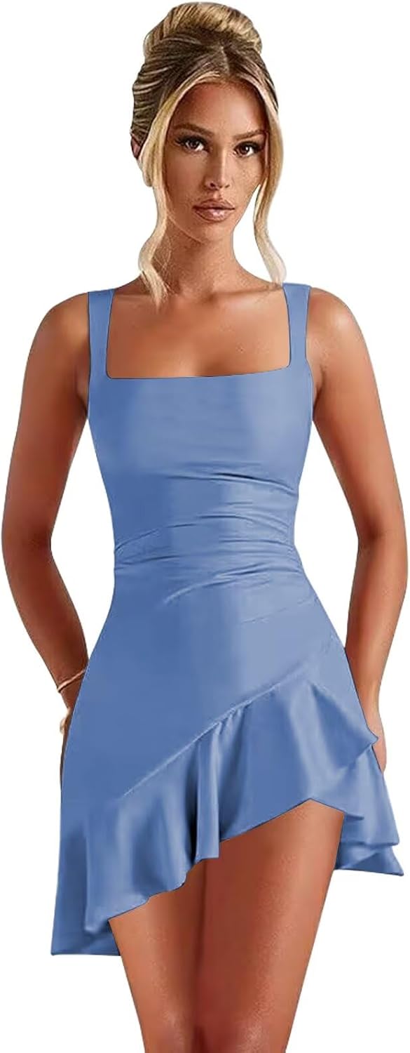 Short Homecoming Dresses 27dress light blue square neck sleeveless mini dress with ruched waist and asymmetrical ruffle hem
