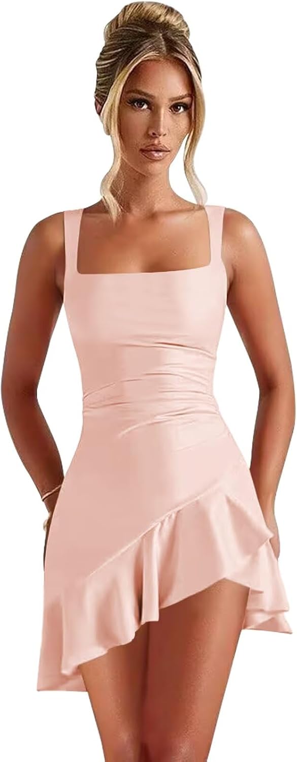27dress pink satin square neck mini dress with asymmetrical ruffle hem Short Homecoming Dresses