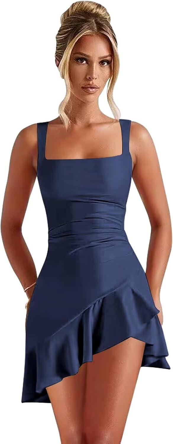 27dress navy satin mini dress with square neckline and asymmetrical ruffle hem Short Homecoming Dresses
