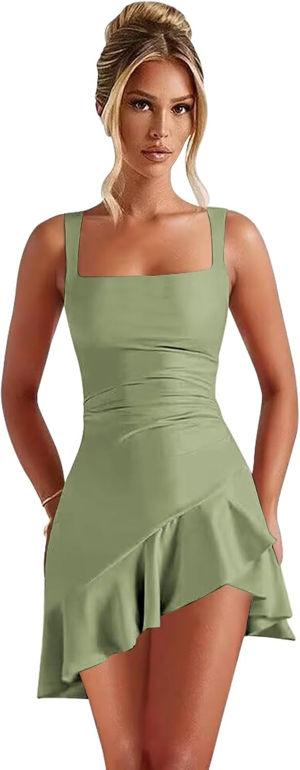 27dress sage green Short Homecoming Dresses with square neckline ruched waist sleeveless straps and asymmetric ruffle hem on model