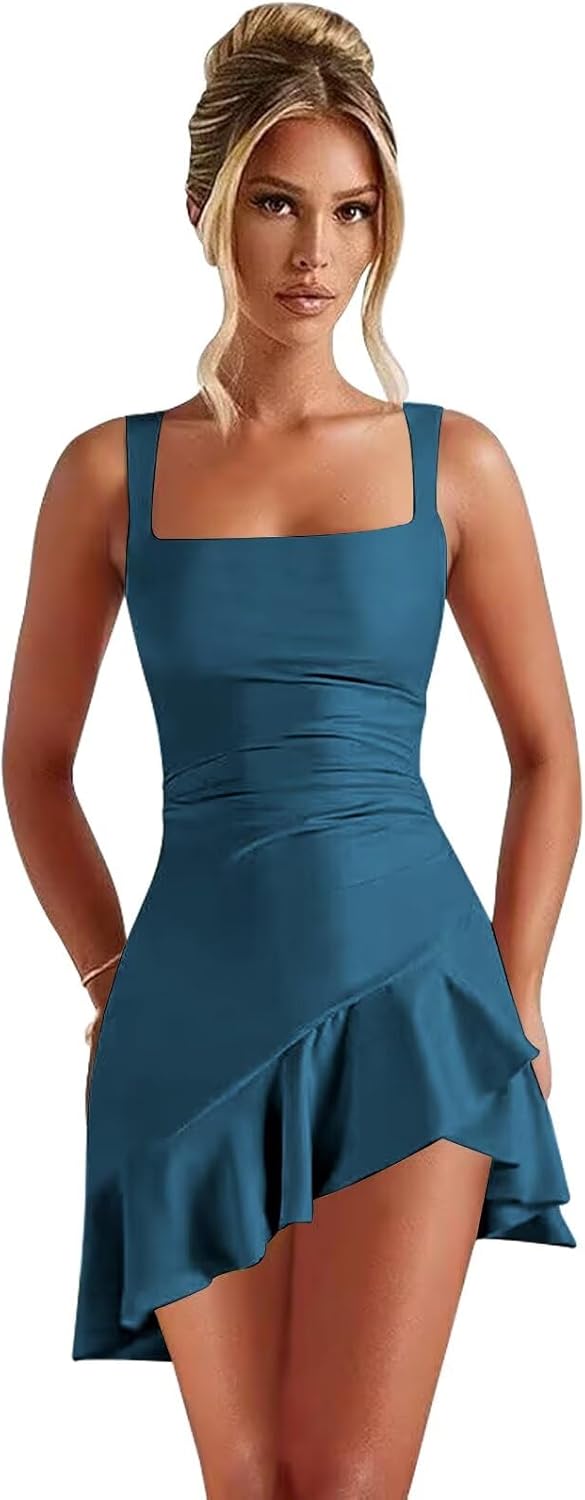 Short Homecoming Dresses teal square neck sleeveless mini dress with ruched waist and asymmetrical ruffle hem